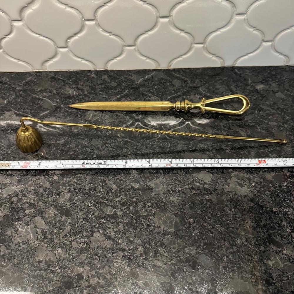 Vintage Brass letter opener stamped England and brass twisted-handle snuffer